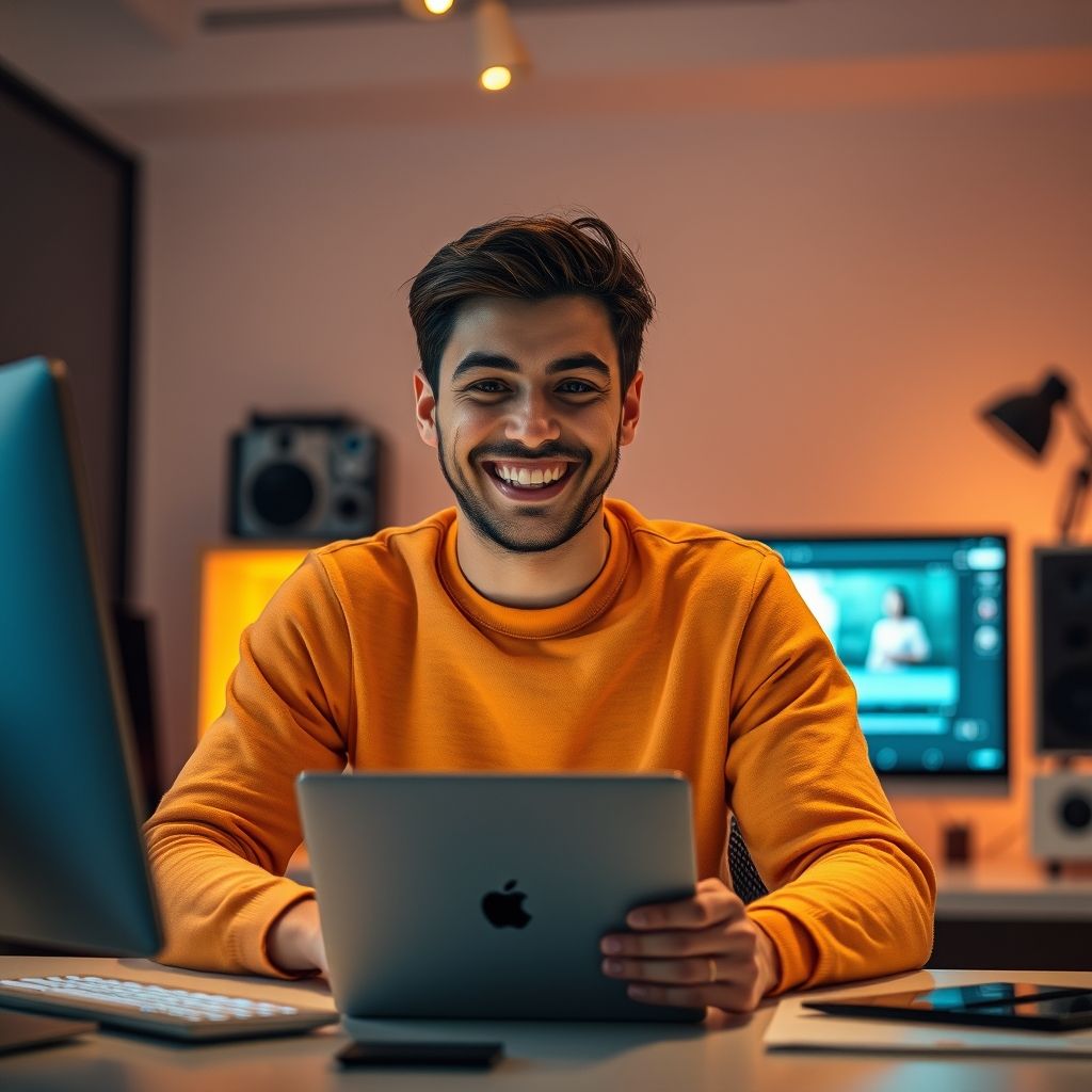 Happy person understanding ai video tools for faceless content creators