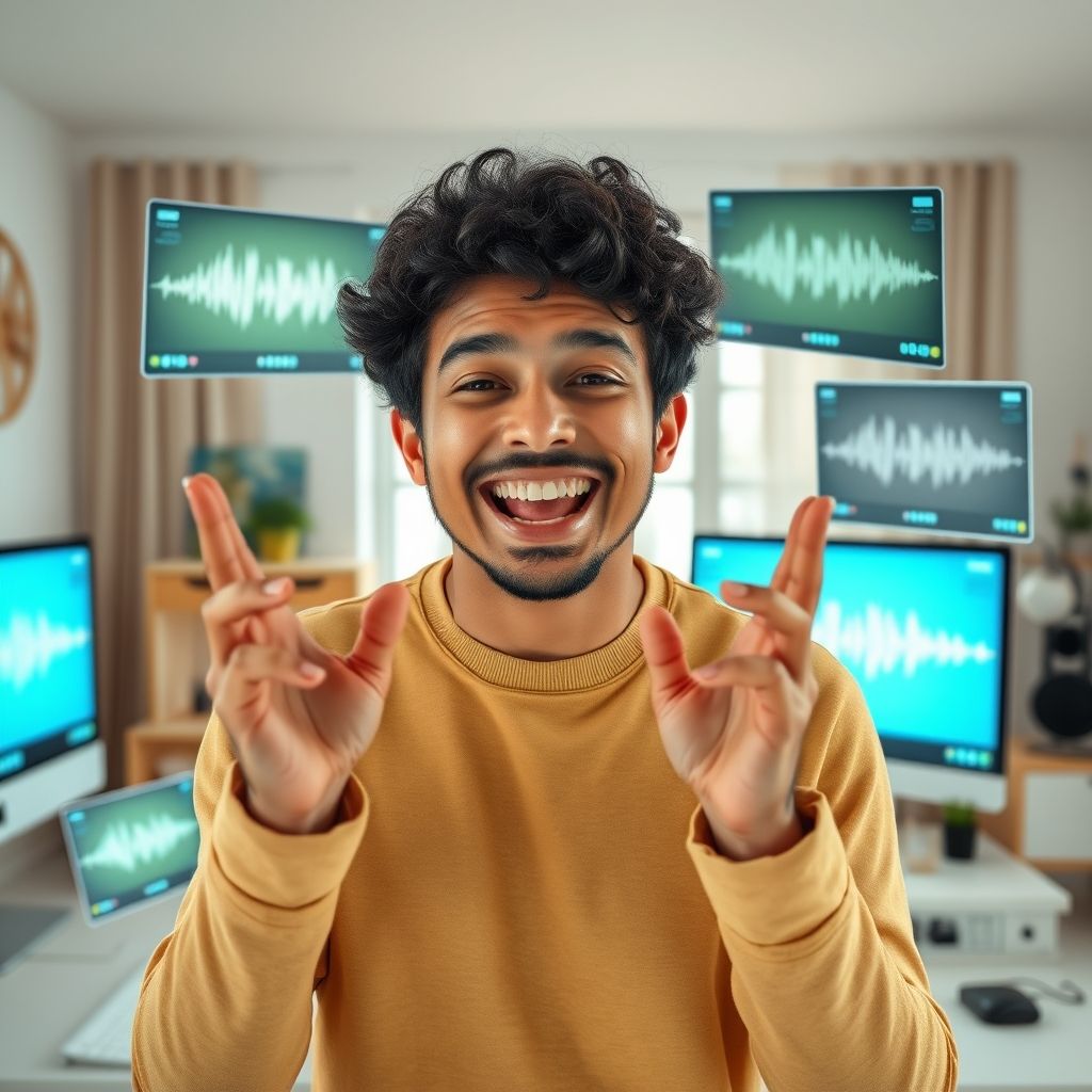 Happy person understanding AI voice cloning for explainer videos