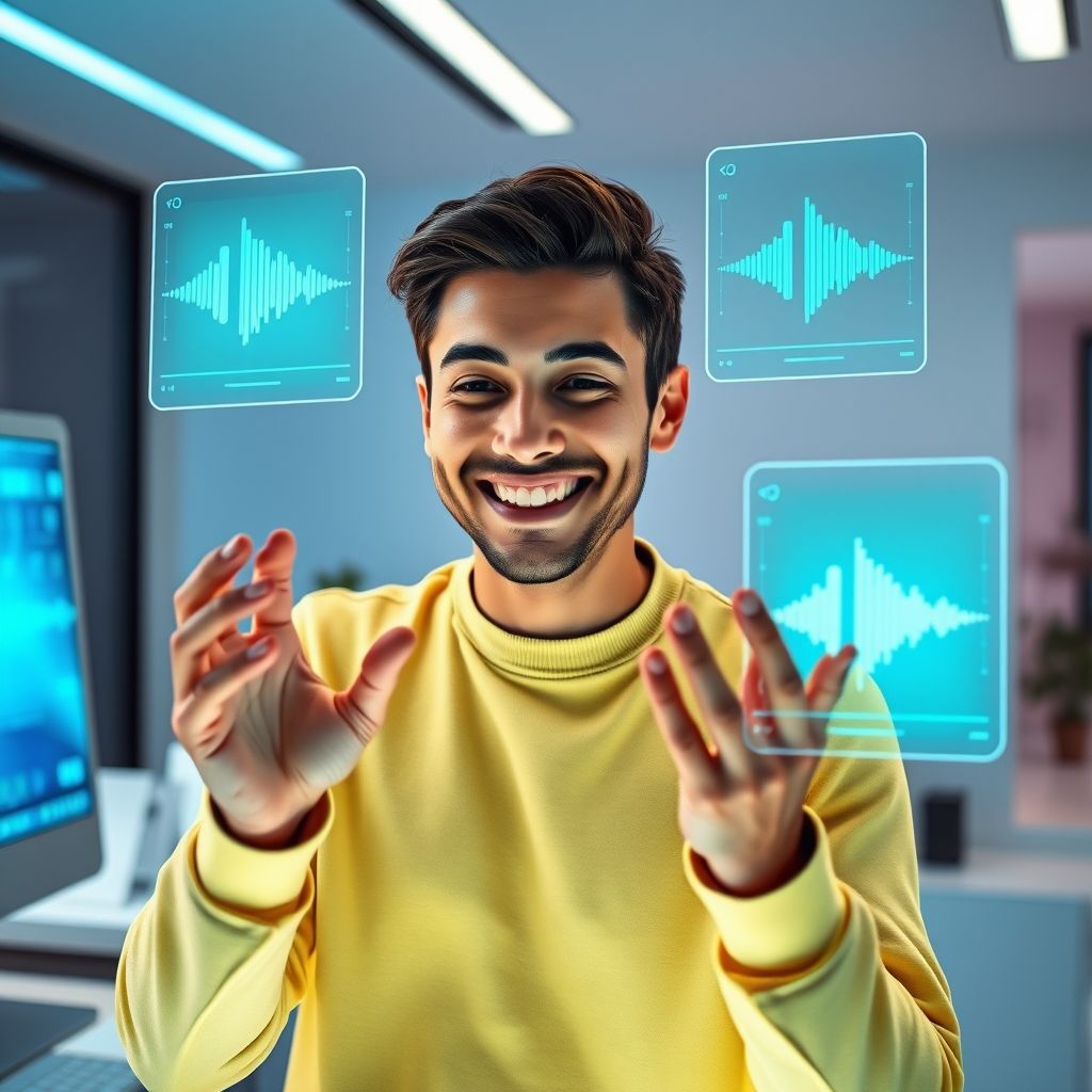 Happy person understanding AI voice cloning for marketing