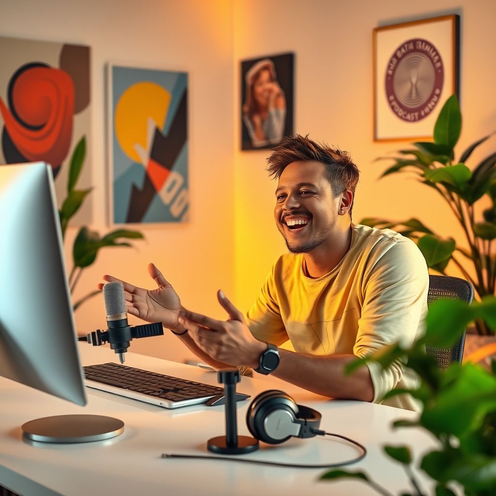 Happy person understanding AI voice generator for podcasts