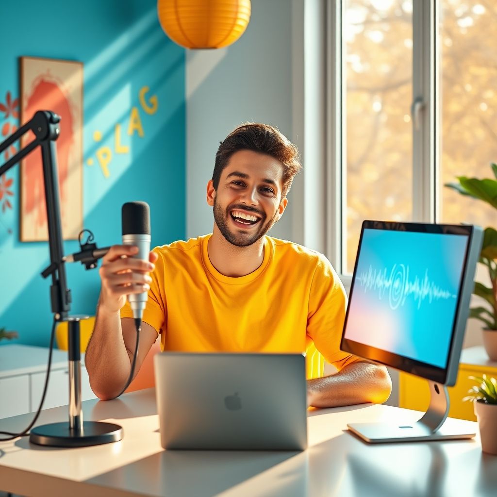 Happy person understanding AI voice technology for influencers
