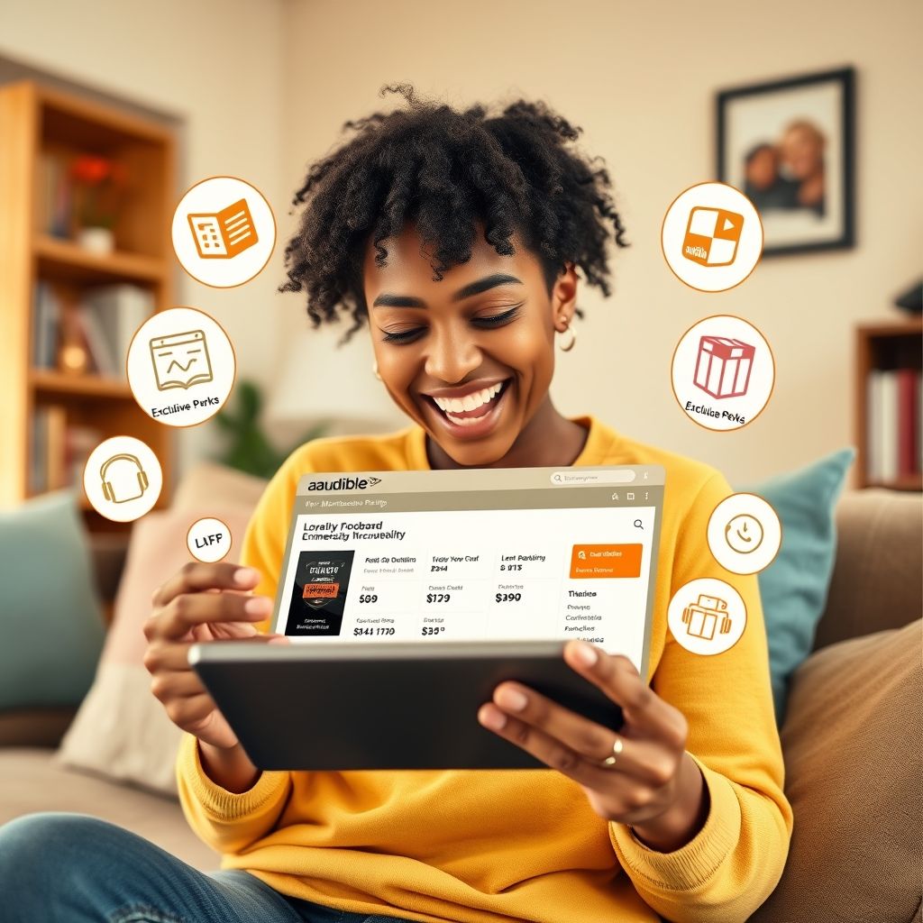 Happy person understanding audible membership loyalty program rewards and perks