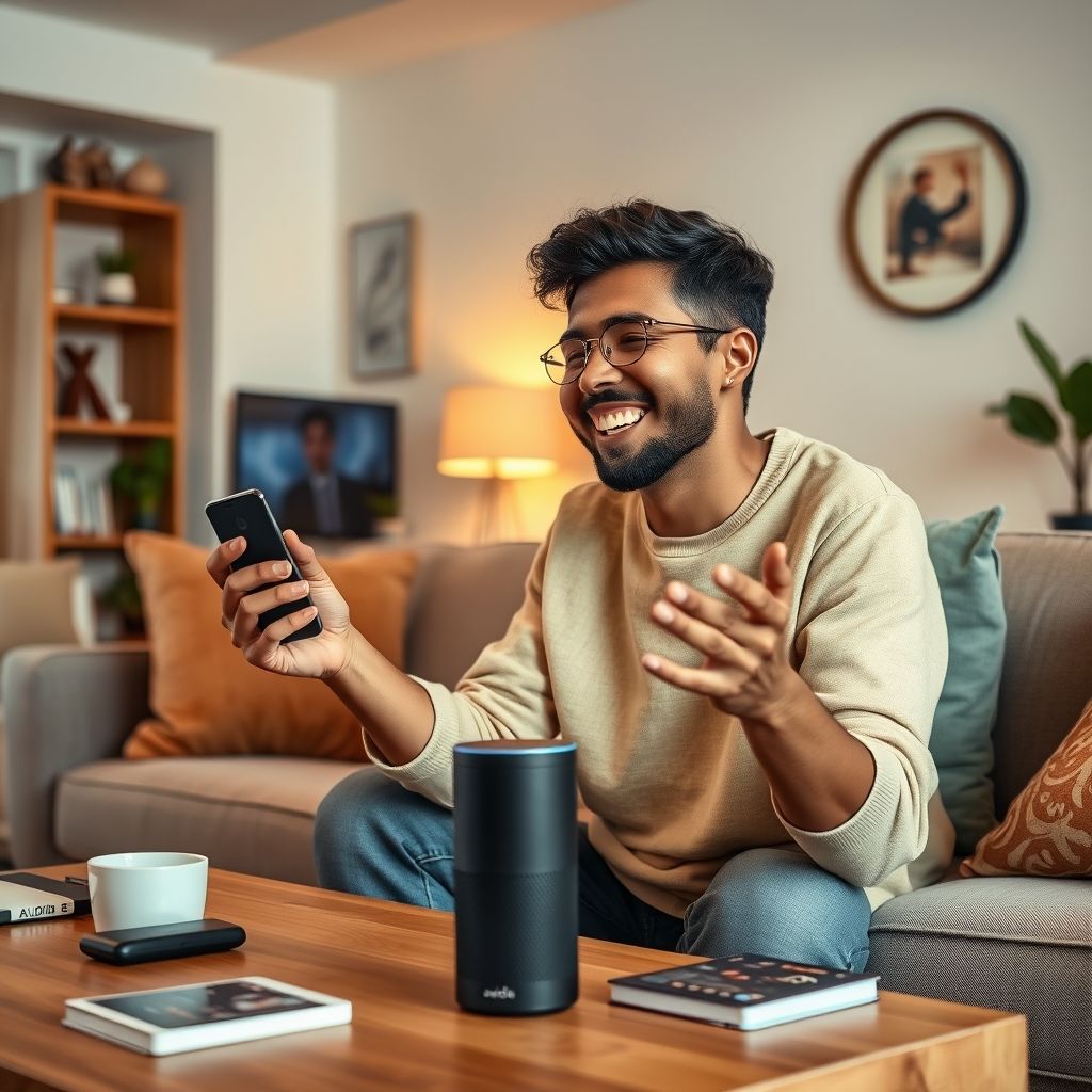 Happy person understanding audible subscription and alexa voice commands and controls