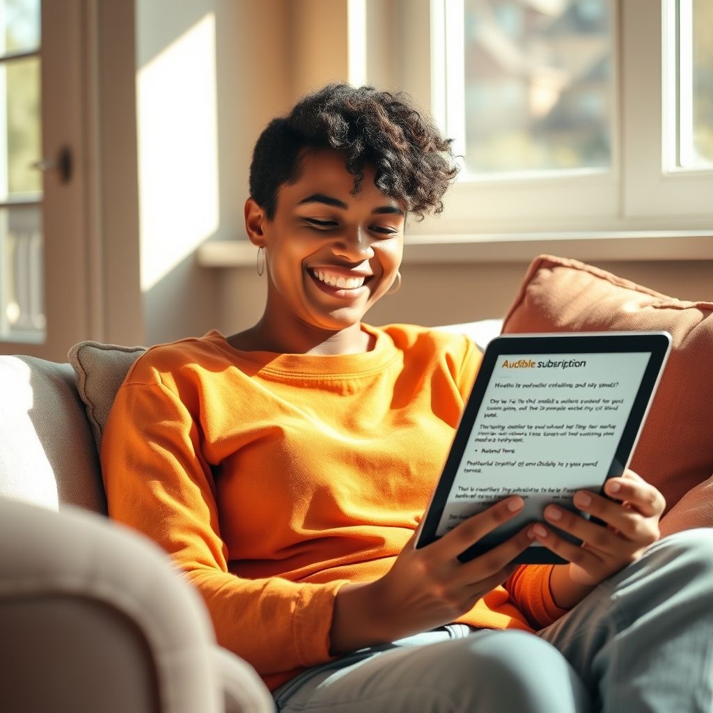 Happy Audible listener enjoying audiobooks