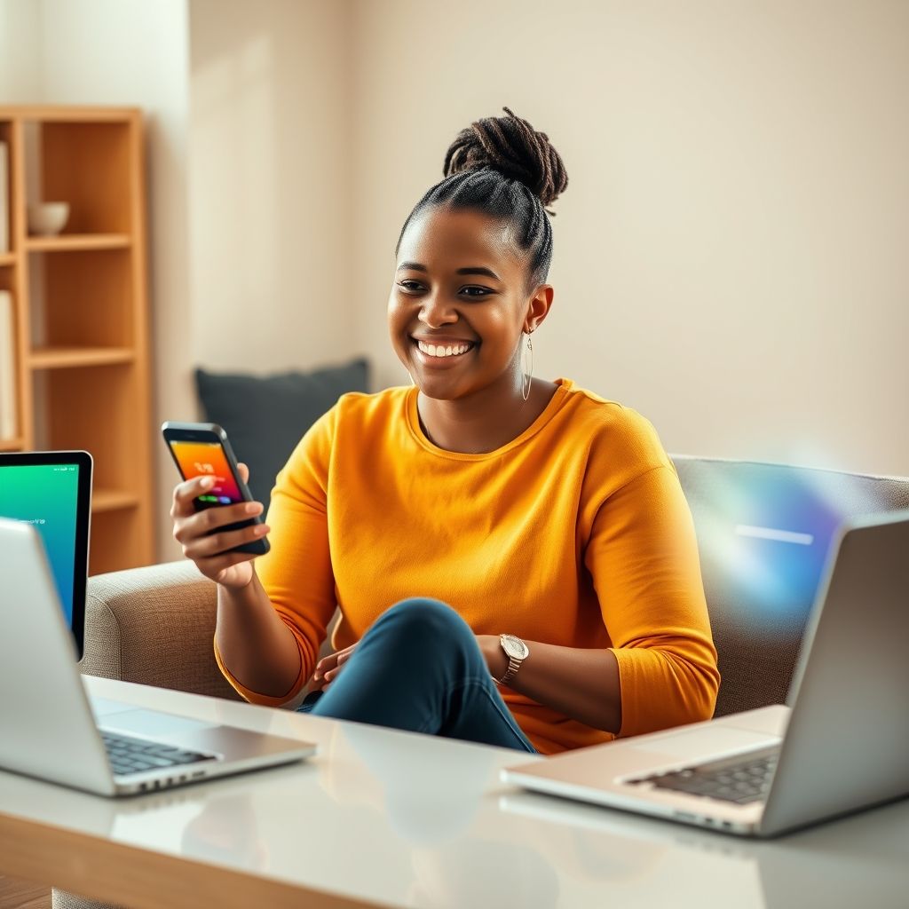 Happy person understanding audible subscription and multi device synchronization