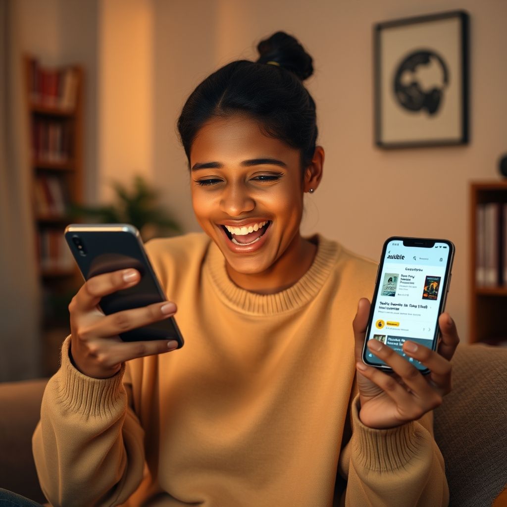 Happy person understanding audible subscription and offline listening downloading audiobooks