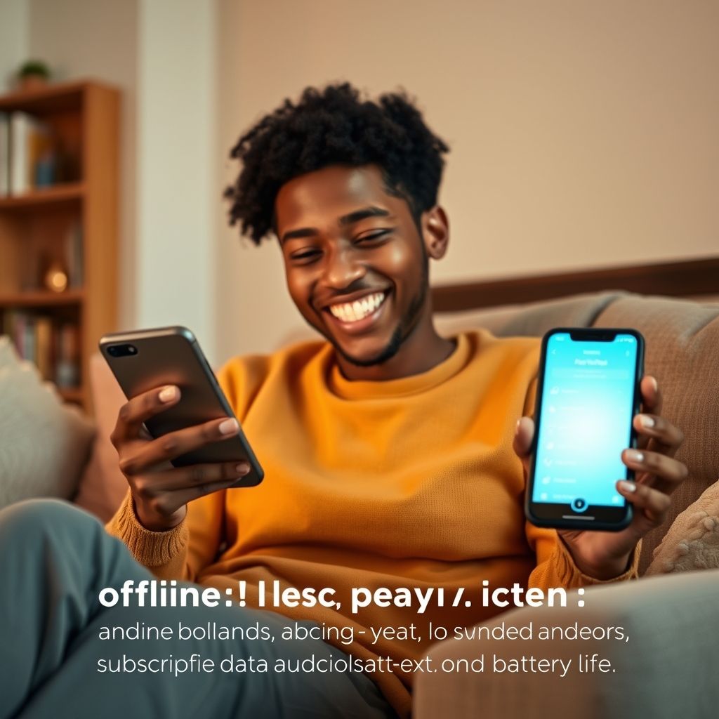 Happy person understanding audible subscription and offline playback saving data and battery