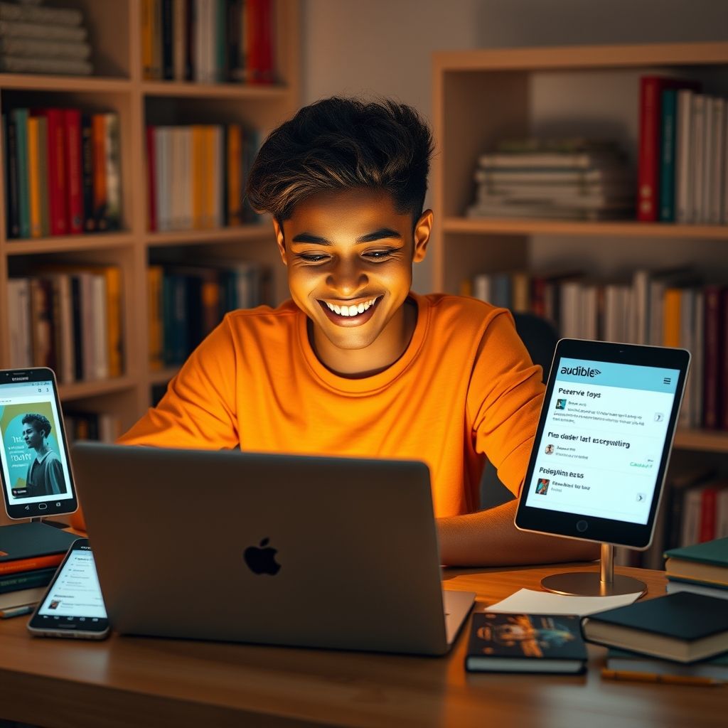 Happy person understanding audible subscription and pre orders how to reserve upcoming releases