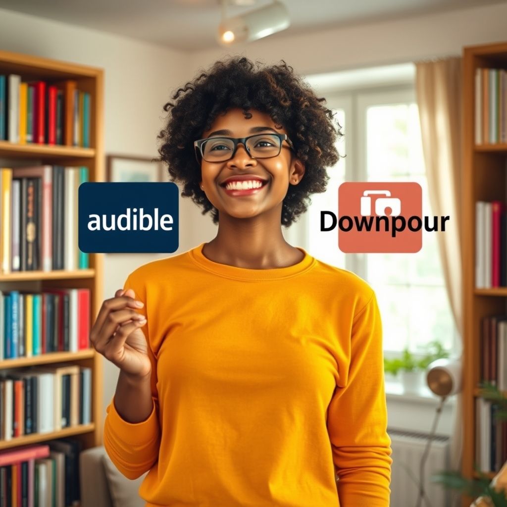 Happy person understanding audible vs downpour which offers better audiobook downloads