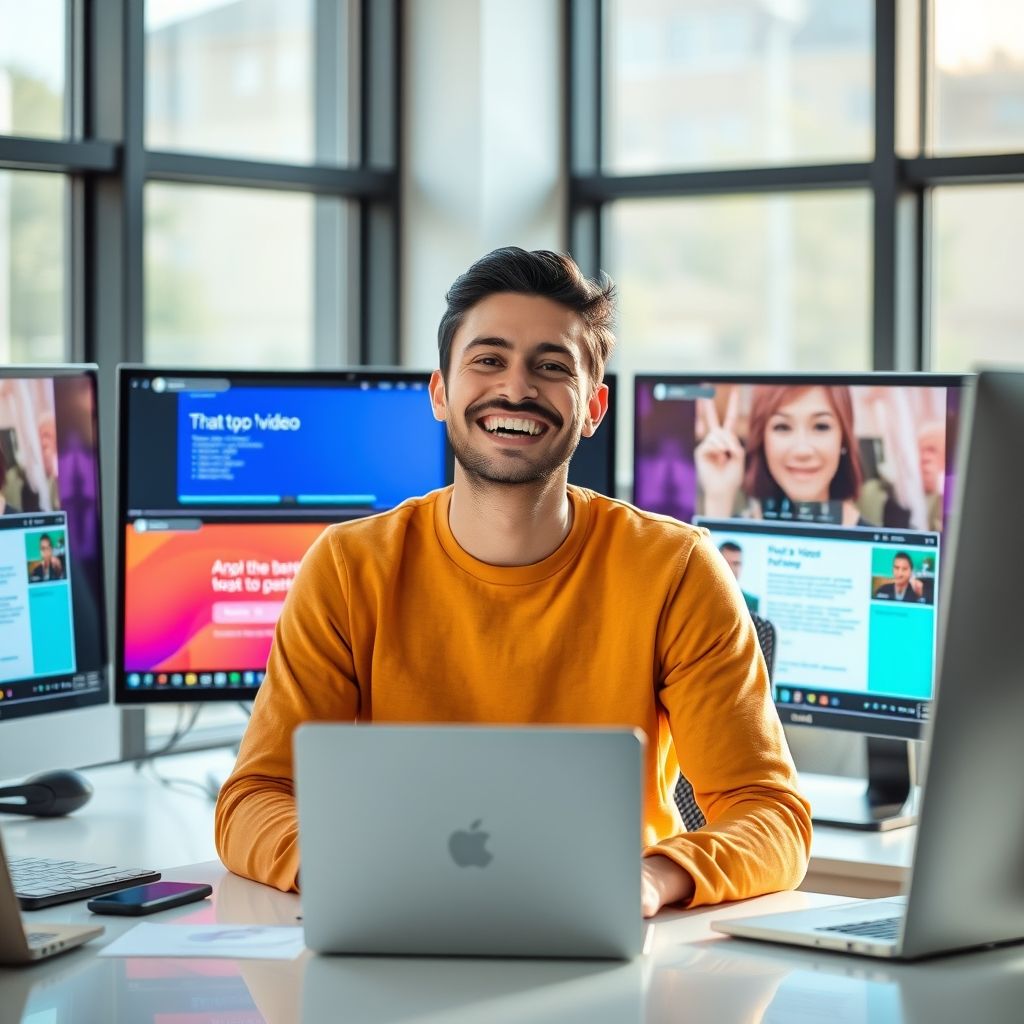 Business professional creating video content with AI