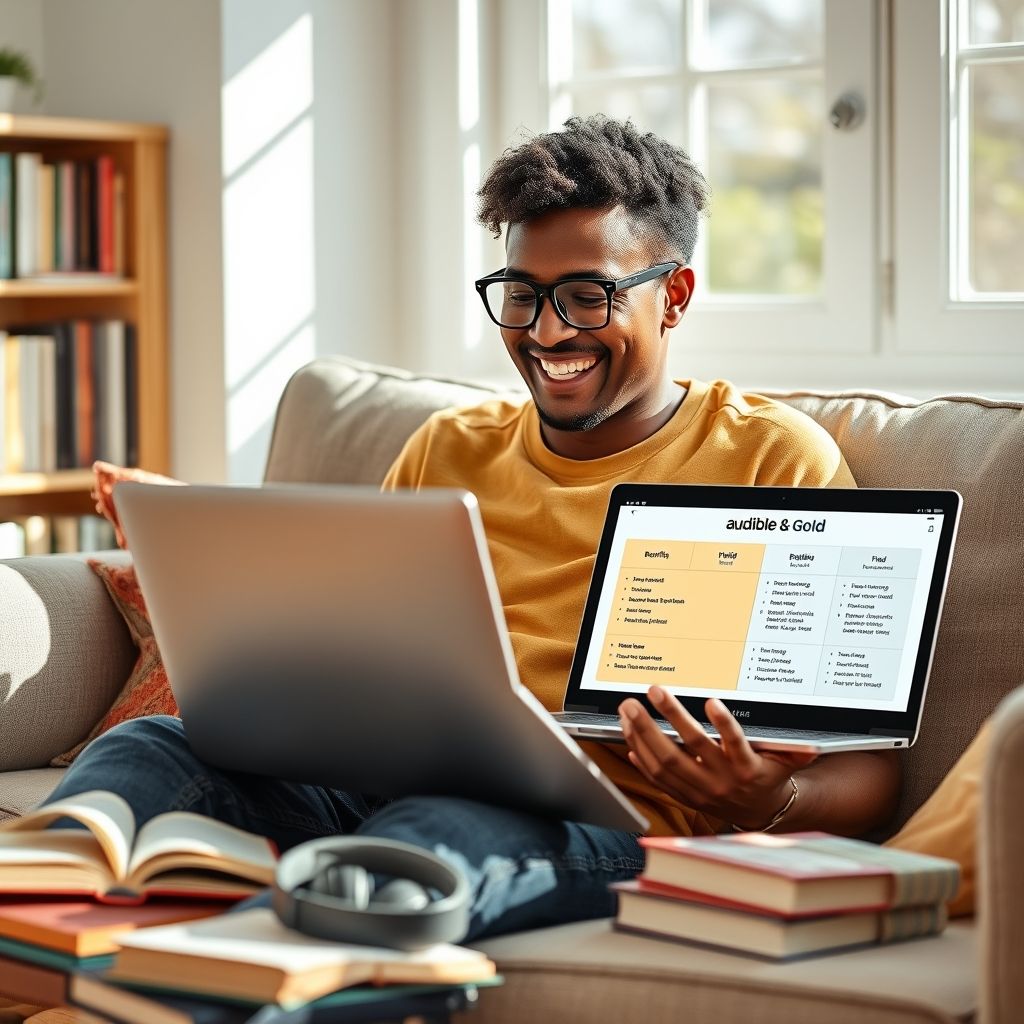 Happy person understanding comparing audible membership options gold vs platinum