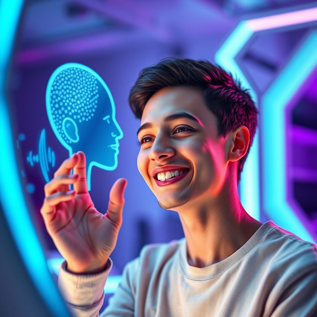 Happy person understanding digital clone of your voice
