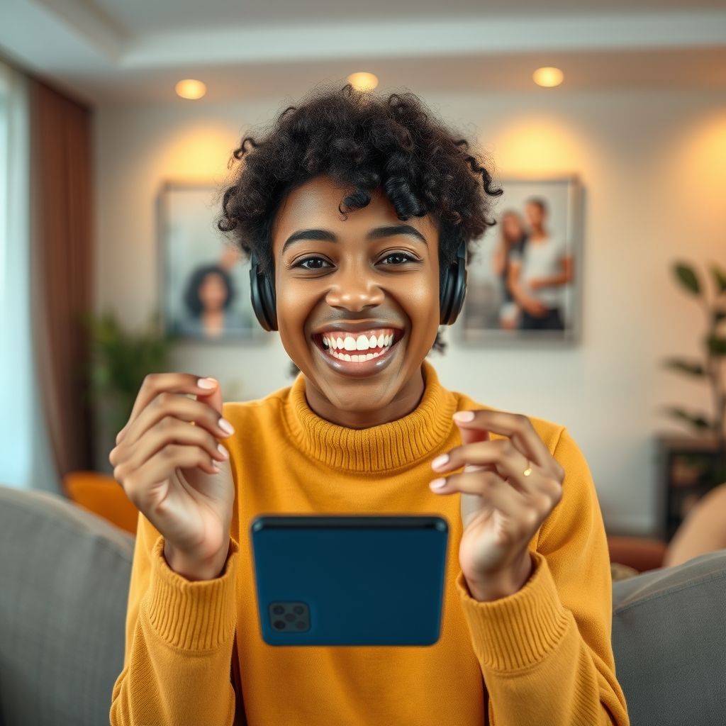 Happy person using Audible's social features