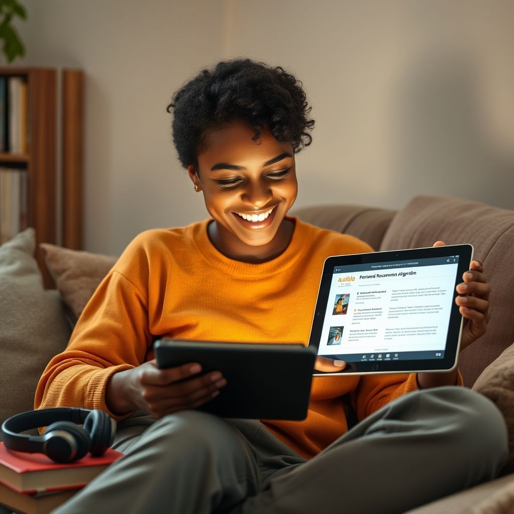 Happy Audible user enjoying personalized recommendations