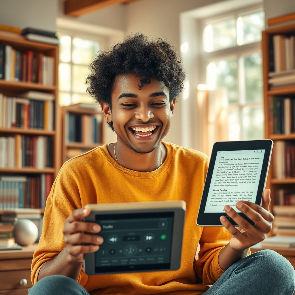 Happy person understanding how does audibles whispersync for voice feature synchronize reading and listening
