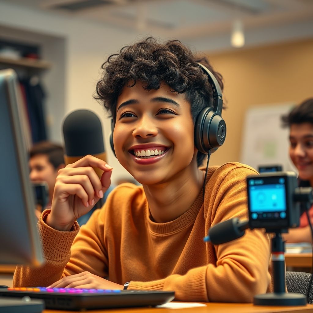 Happy person understanding realistic voice cloning for education