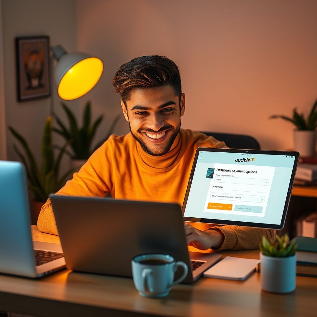 Happy person understanding setting up payment methods for audible subscription