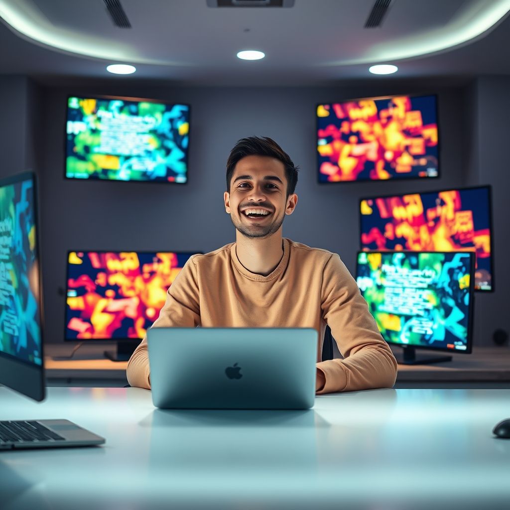 Happy person understanding text to video artificial intelligence