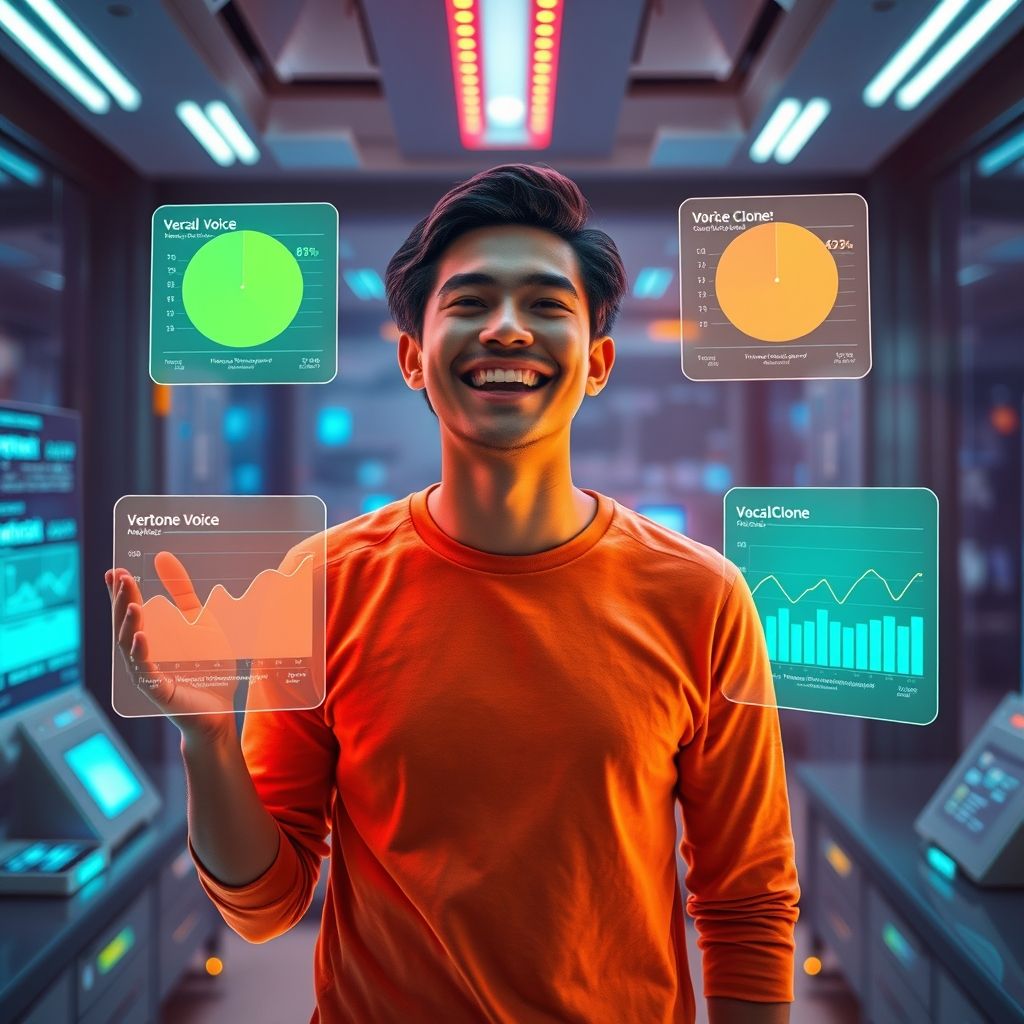 Happy person understanding Veritone Voice vs VocalClone AI analytics