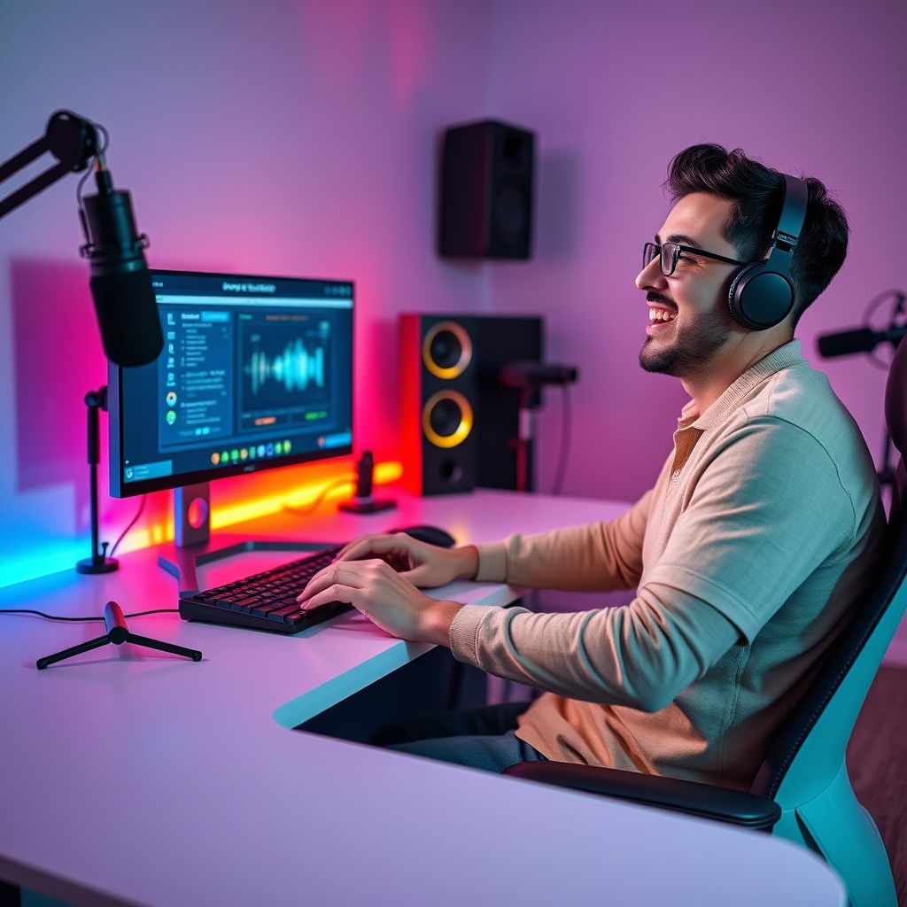 Happy person understanding voice cloning software for streaming