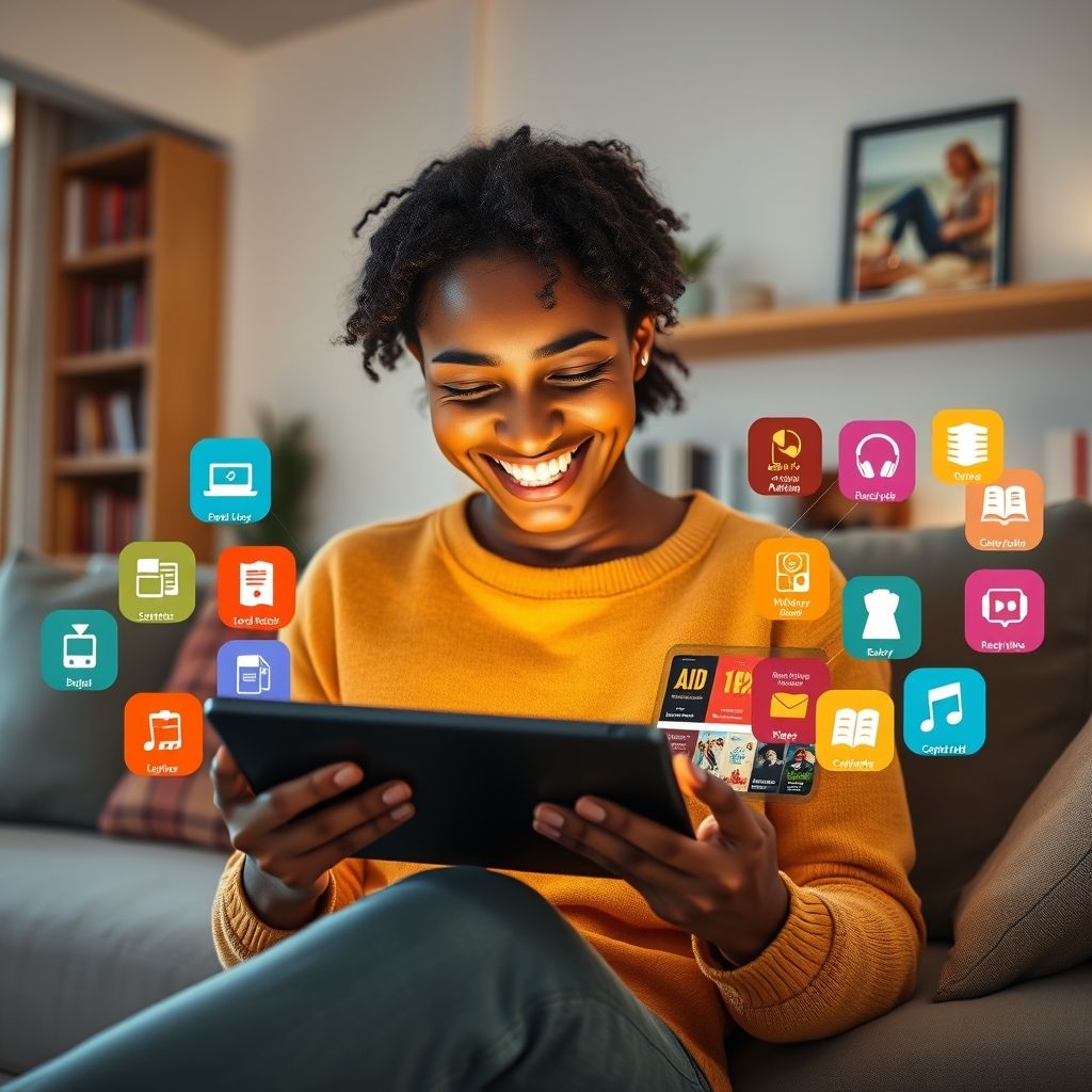 Happy person understanding what genres and categories of audiobooks are available on audible