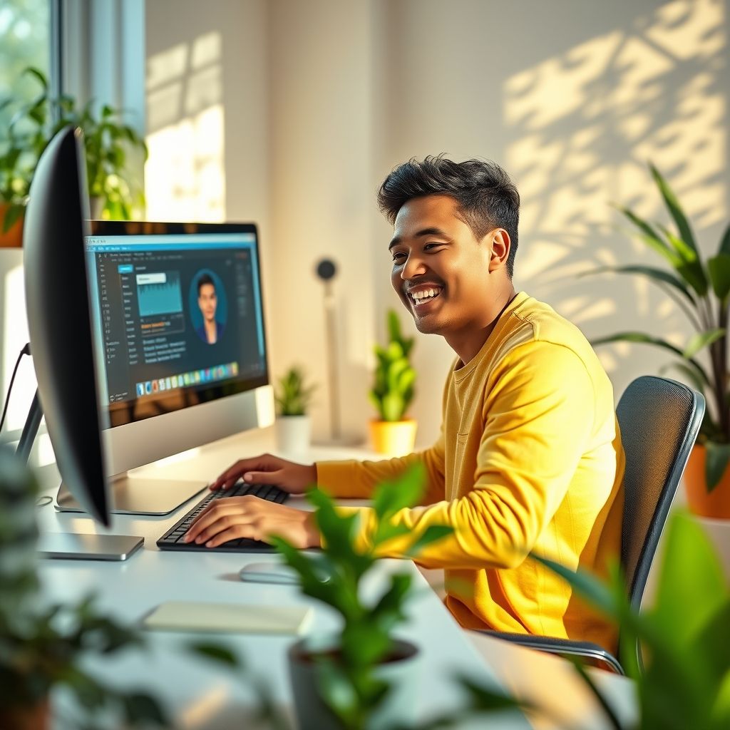 Happy person using offline voice cloning software