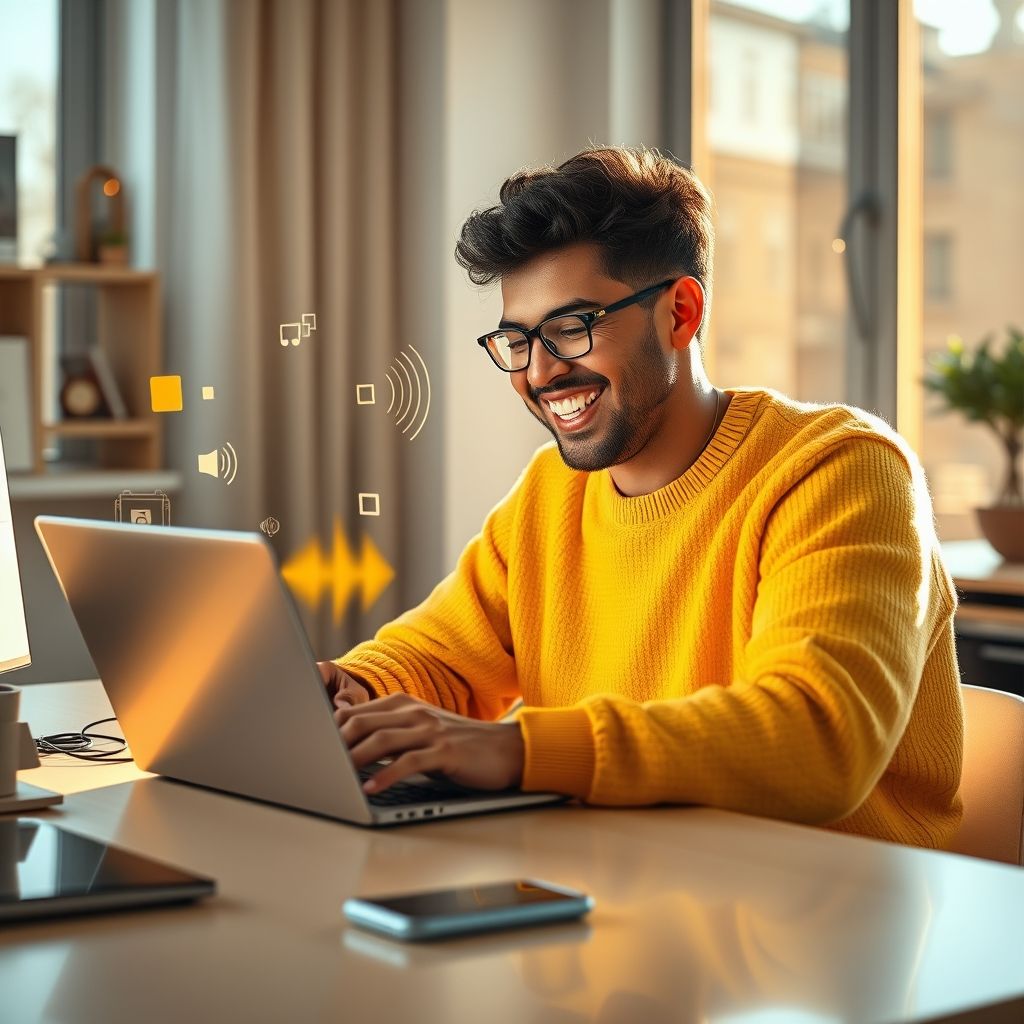 Happy person using voice cloning software