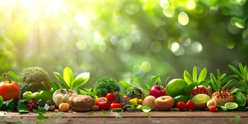 Assiette équilibrée et durable avec légumes frais, légumineuses et fruits, sur fond vert symbolisant l'avenir écologique.