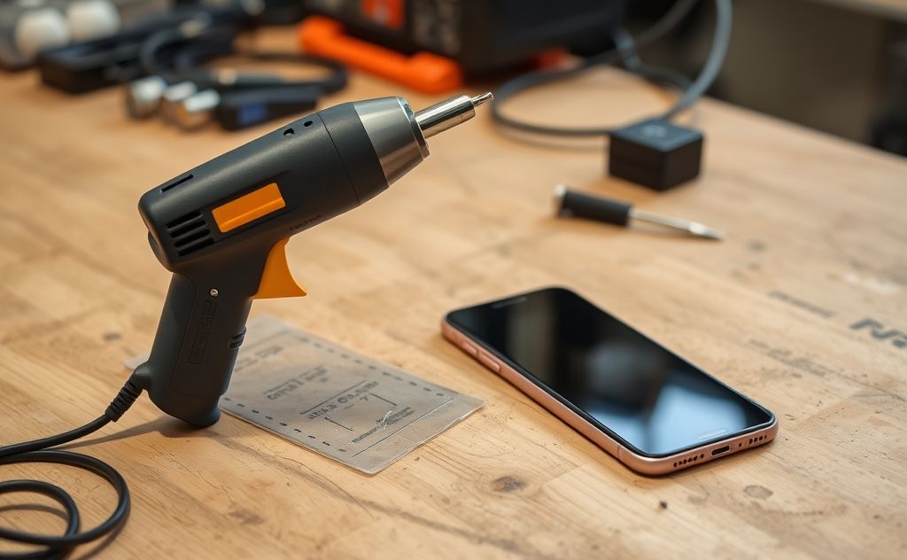 A heat gun positioned next to a smartphone on a workbench.