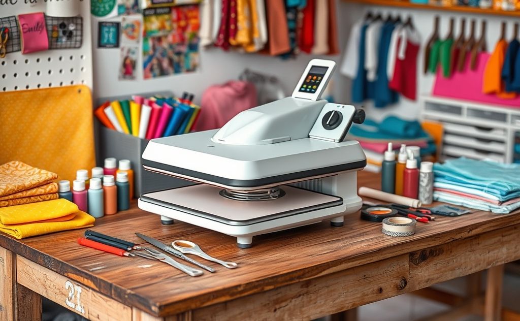 A heat press machine on a wooden table surrounded by crafting supplies.