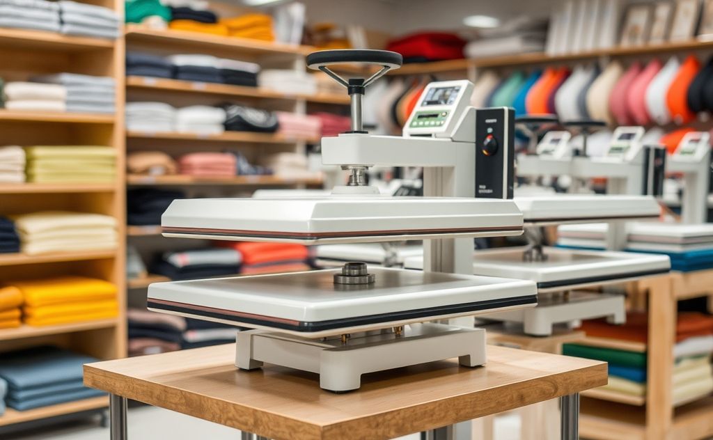 A heat press machine on display in a well-organized store.