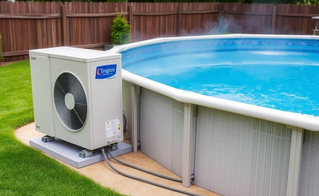 A heat pump efficiently warming an above-ground swimming pool.