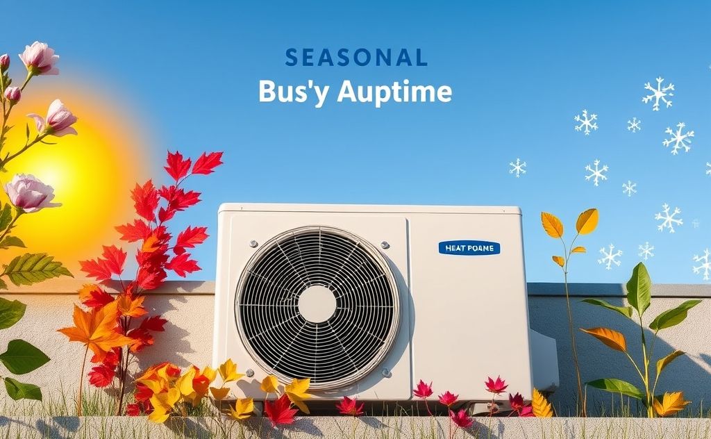 A heat pump surrounded by seasonal icons indicating optimal buying times.