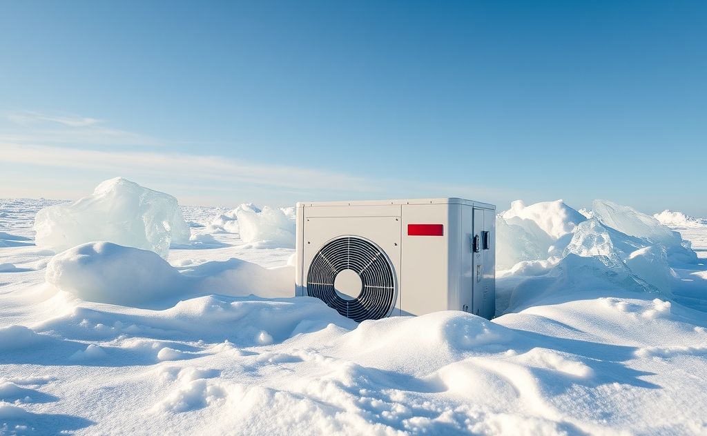 A heat pump surrounded by snow and ice, showcasing its cold climate efficiency.