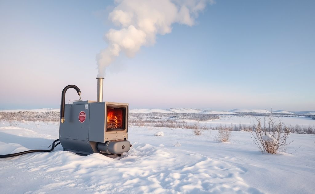 A high-efficiency furnace in a snowy landscape with smoke rising.