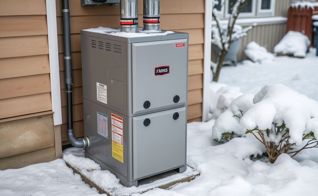 A high-efficiency gas furnace in a snowy residential setting.