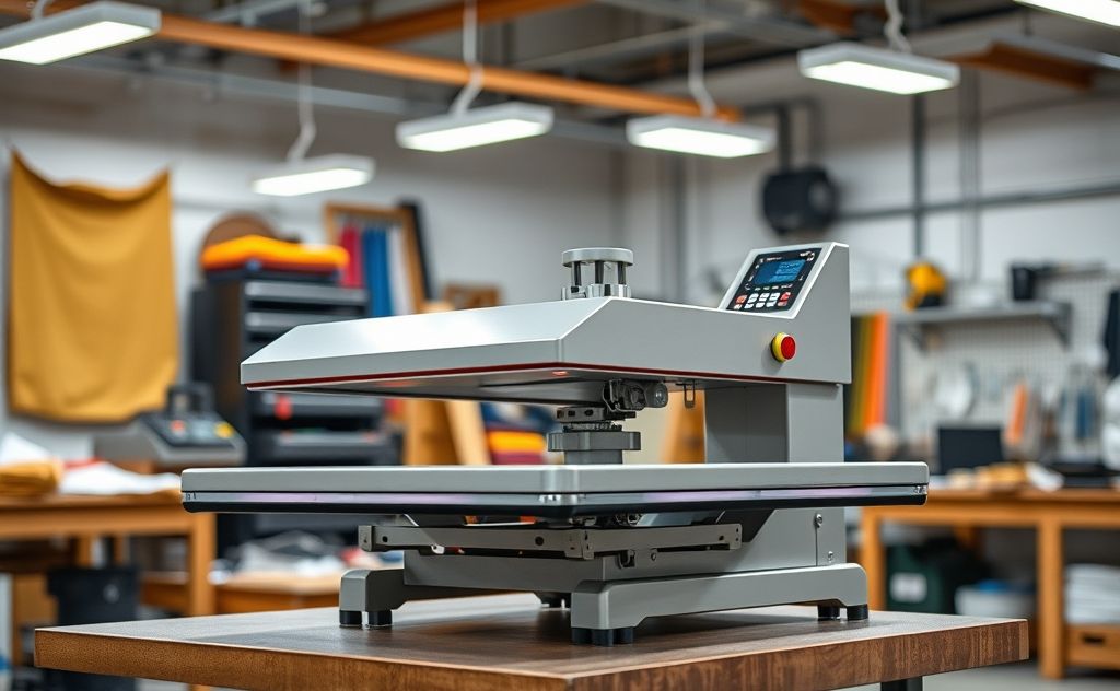 A high-quality heat press machine in a well-lit workshop setting.