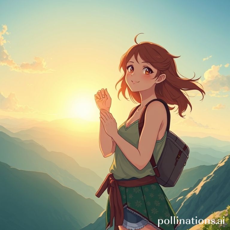 朝のイメージング：夜明けの山でエネルギーを満たす女性