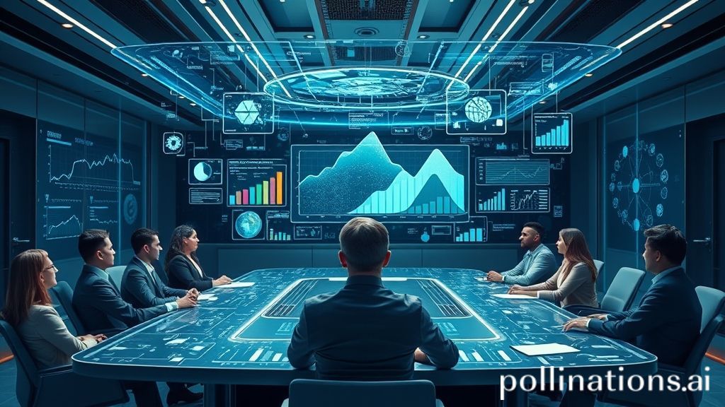 A team of executives in a futuristic boardroom looking at holographic data visualizations generated by an AI.