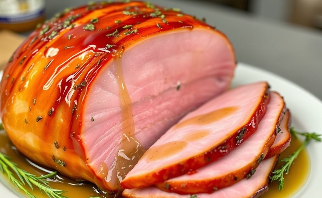 A honey baked ham glistening with a honey glaze and herbs.