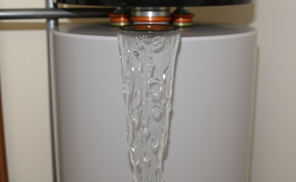 A hot water heater being drained with water flowing out.