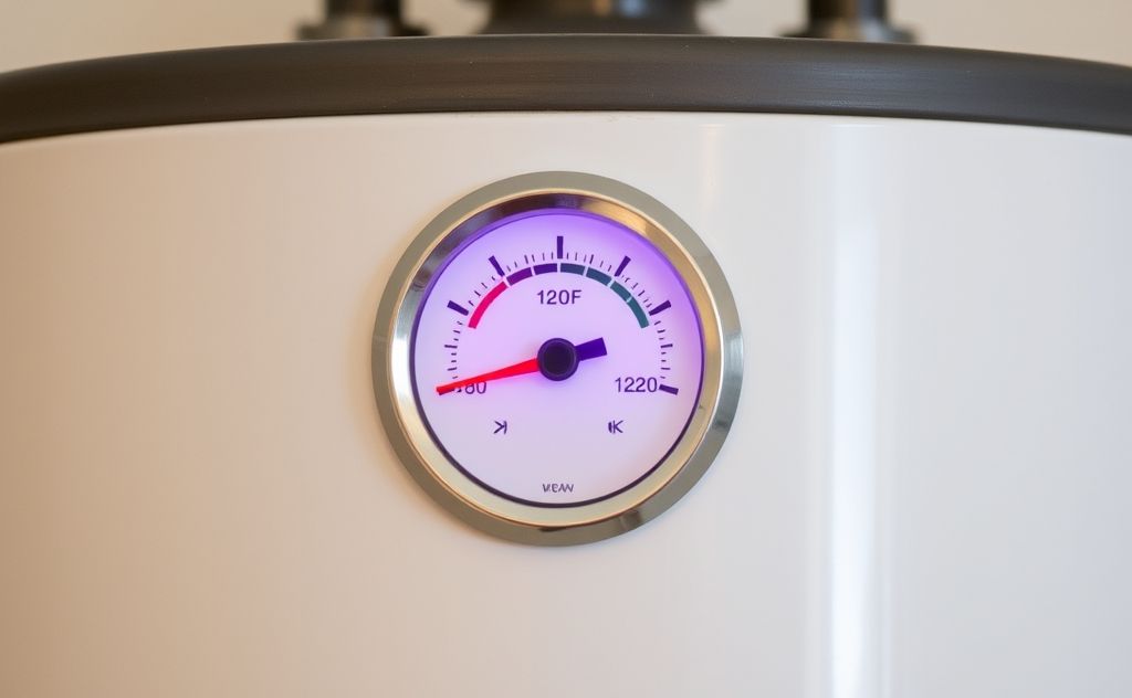 A hot water heater displaying a temperature gauge at 120°F.