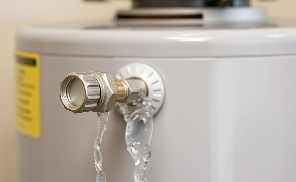 A hot water heater with a drain valve and water flowing out.