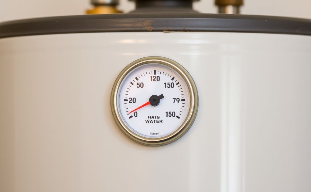 A hot water heater with a temperature gauge set at 120 degrees Fahrenheit.