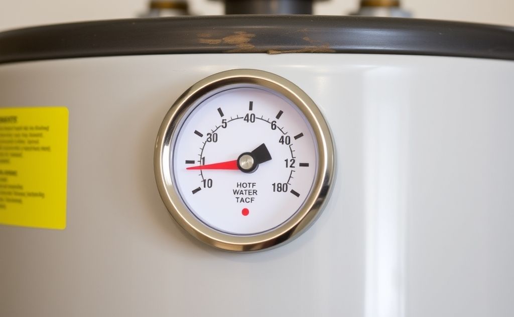 A hot water heater with a temperature gauge set at 140°F.