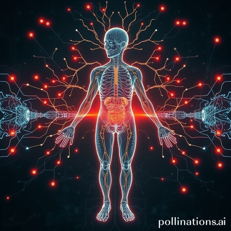 Illustration of a human nervous system arc mirrored with a blockchain digest pipeline