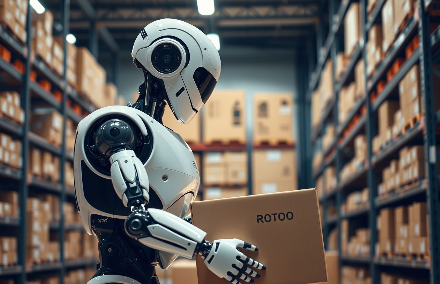 AI-generated image: humanoid robot lifting boxes in a warehouse