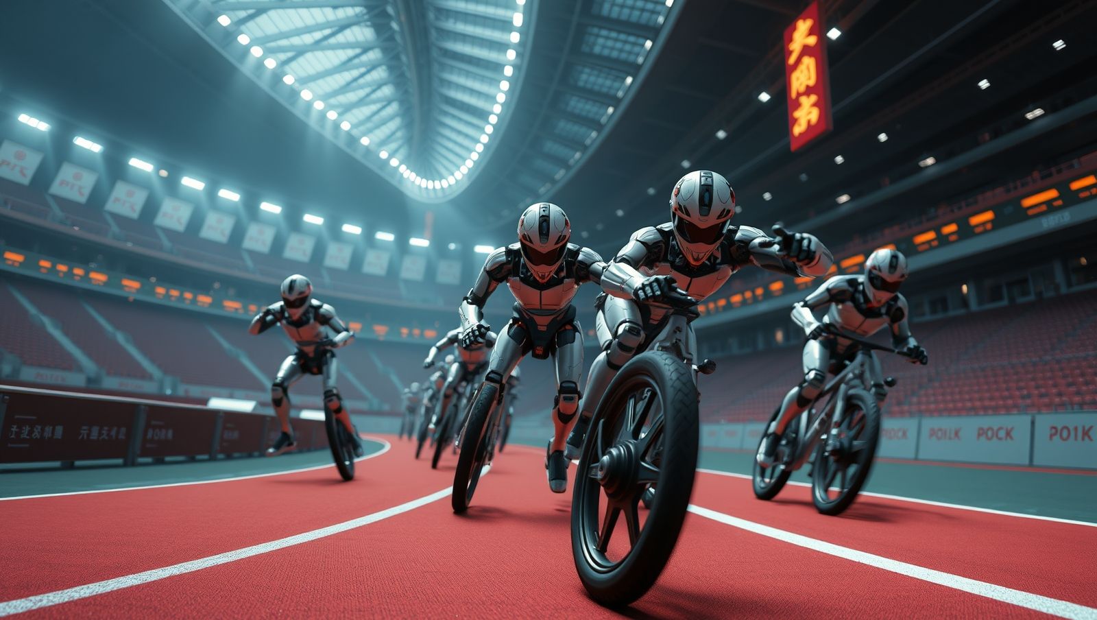 AI-generated image: humanoid robots sprinting on a stadium track in China