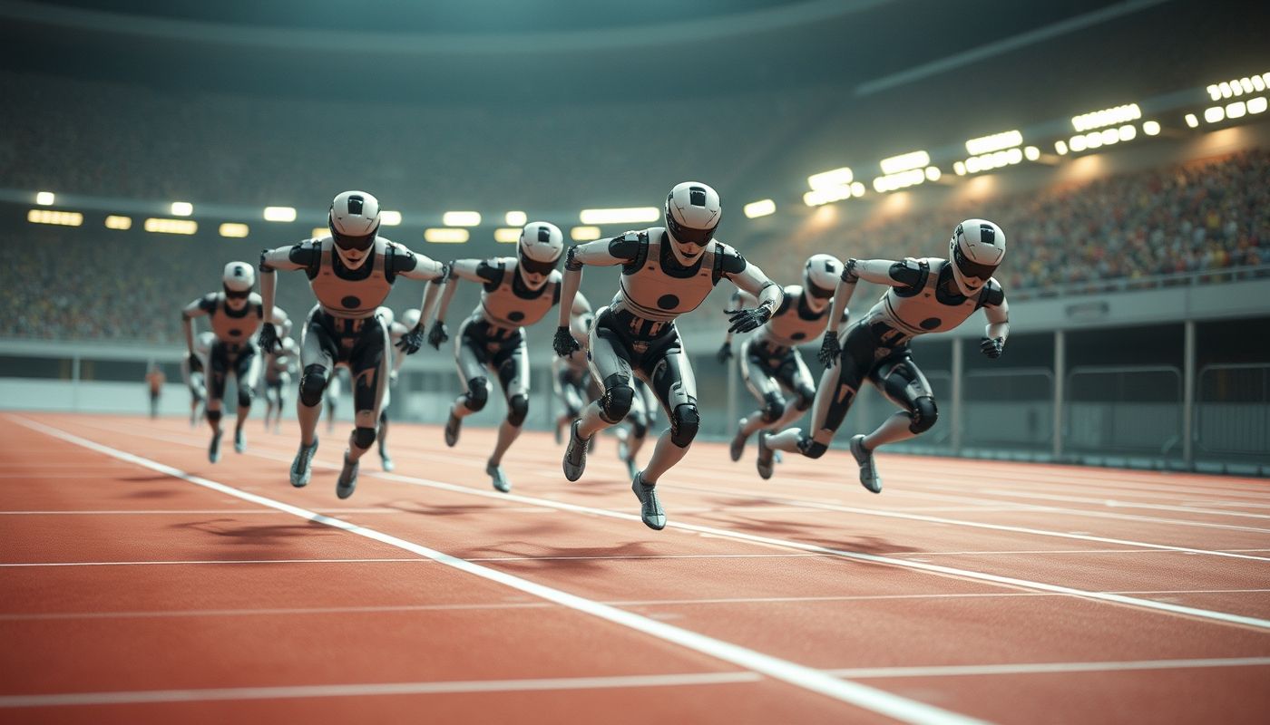 AI-generated image: humanoid robots running a dynamic hurdle course