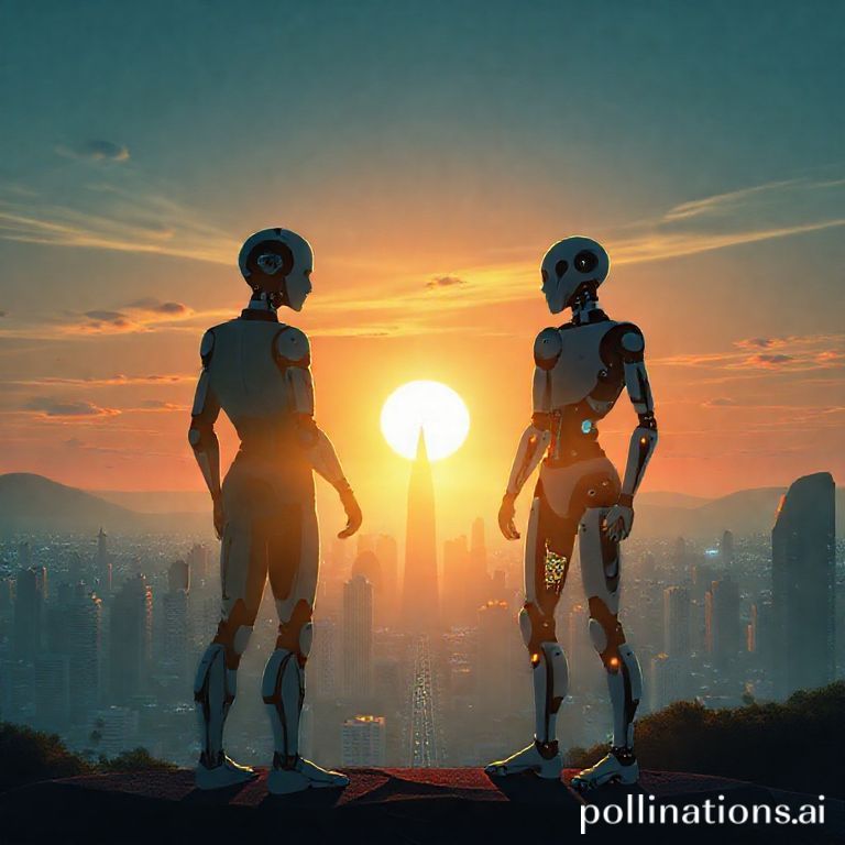 Humans and AI standing together at sunrise over a futuristic city